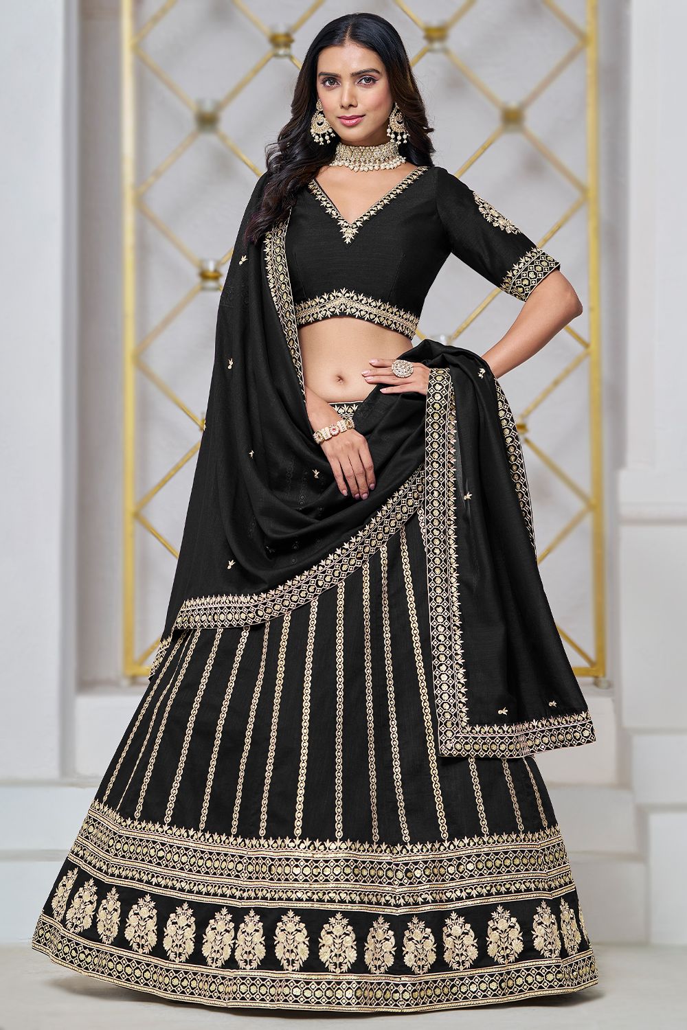 Black Embroidered Silk Lehenga