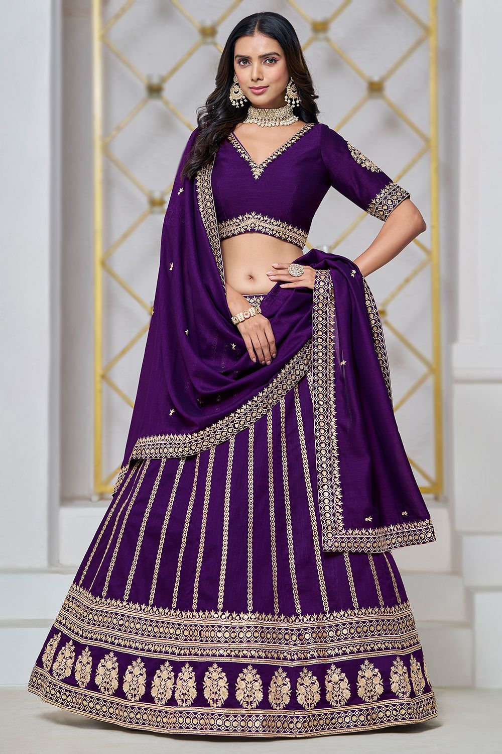 Dark Purple Embroidered Silk Lehenga