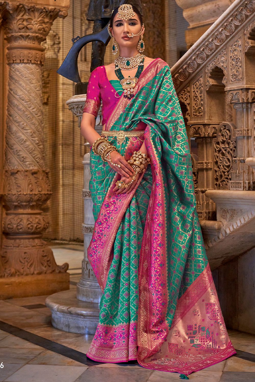 Teal Green Banarasi Silk Saree With Pink Border