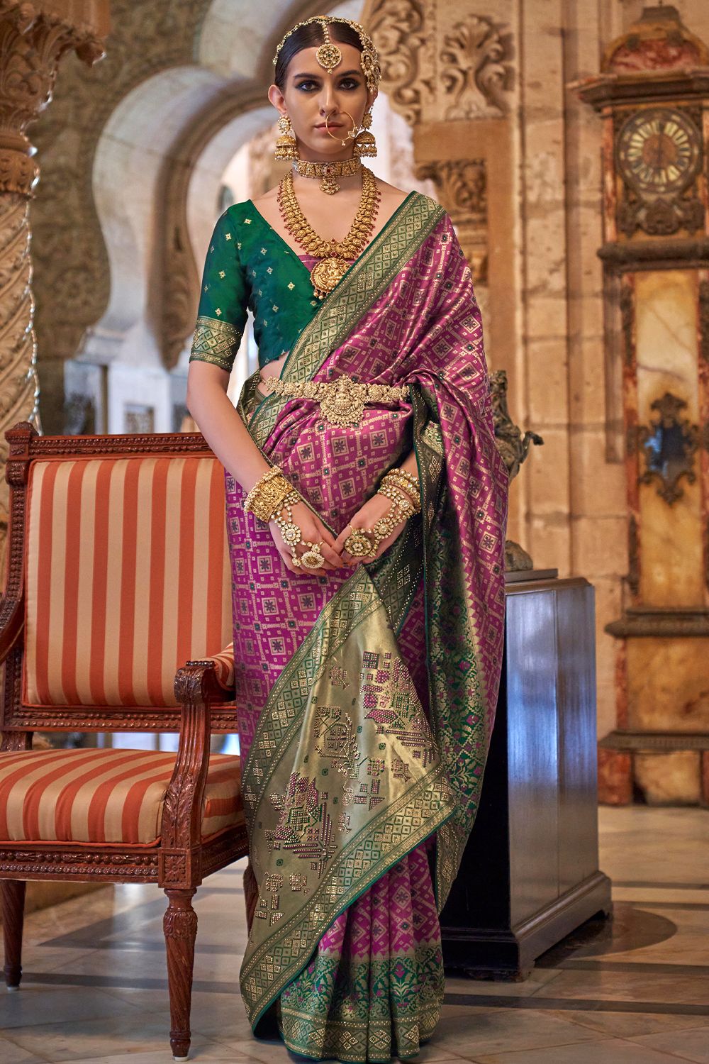 Violet Banarasi Silk Saree With Green Border