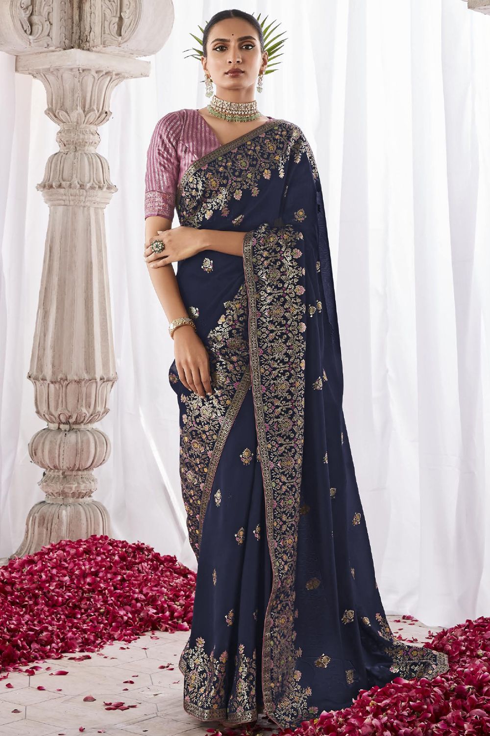  Dark Blue Silk Minakari Saree 