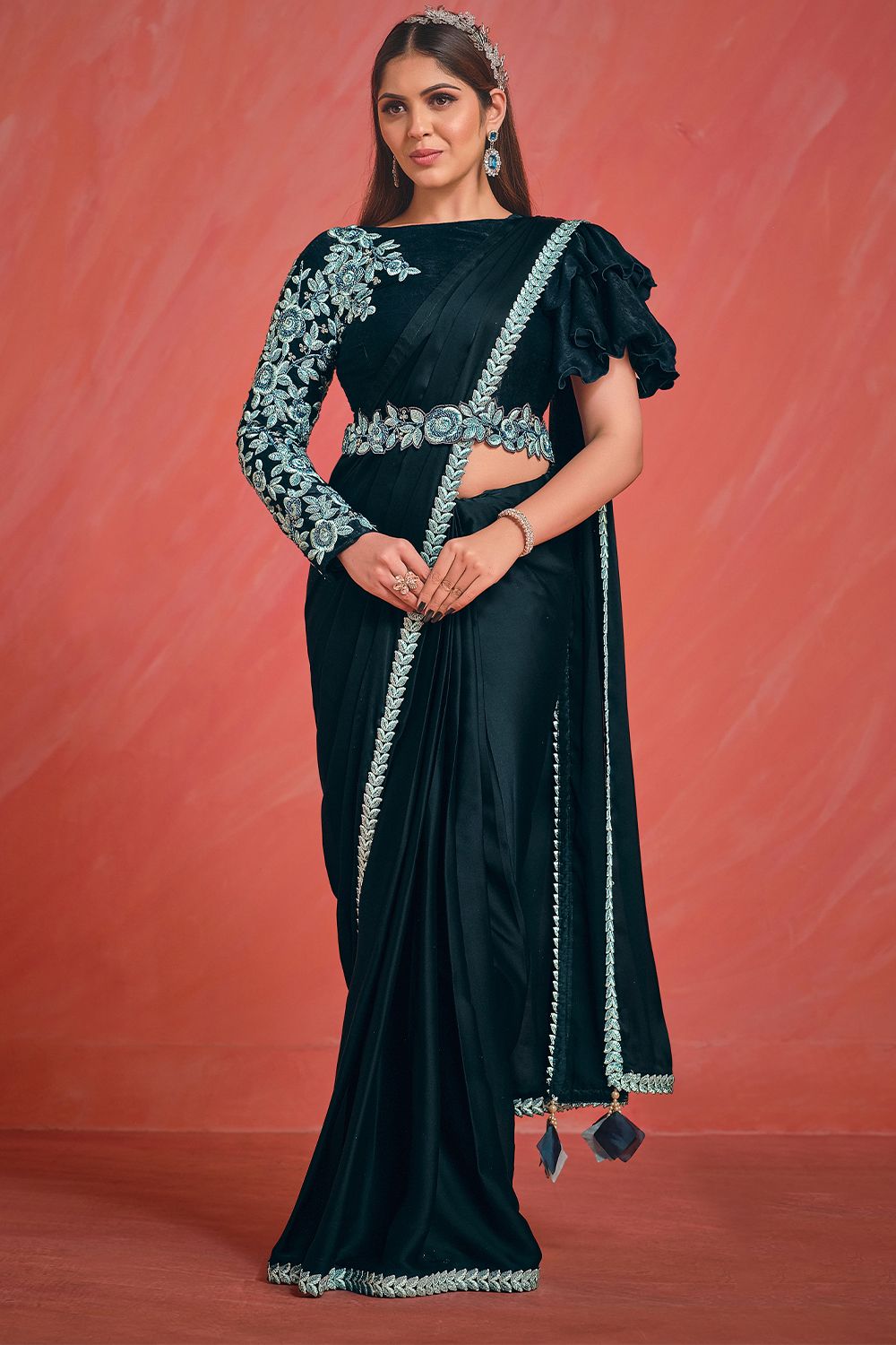 Cobalt Blue Sequins Satin Saree