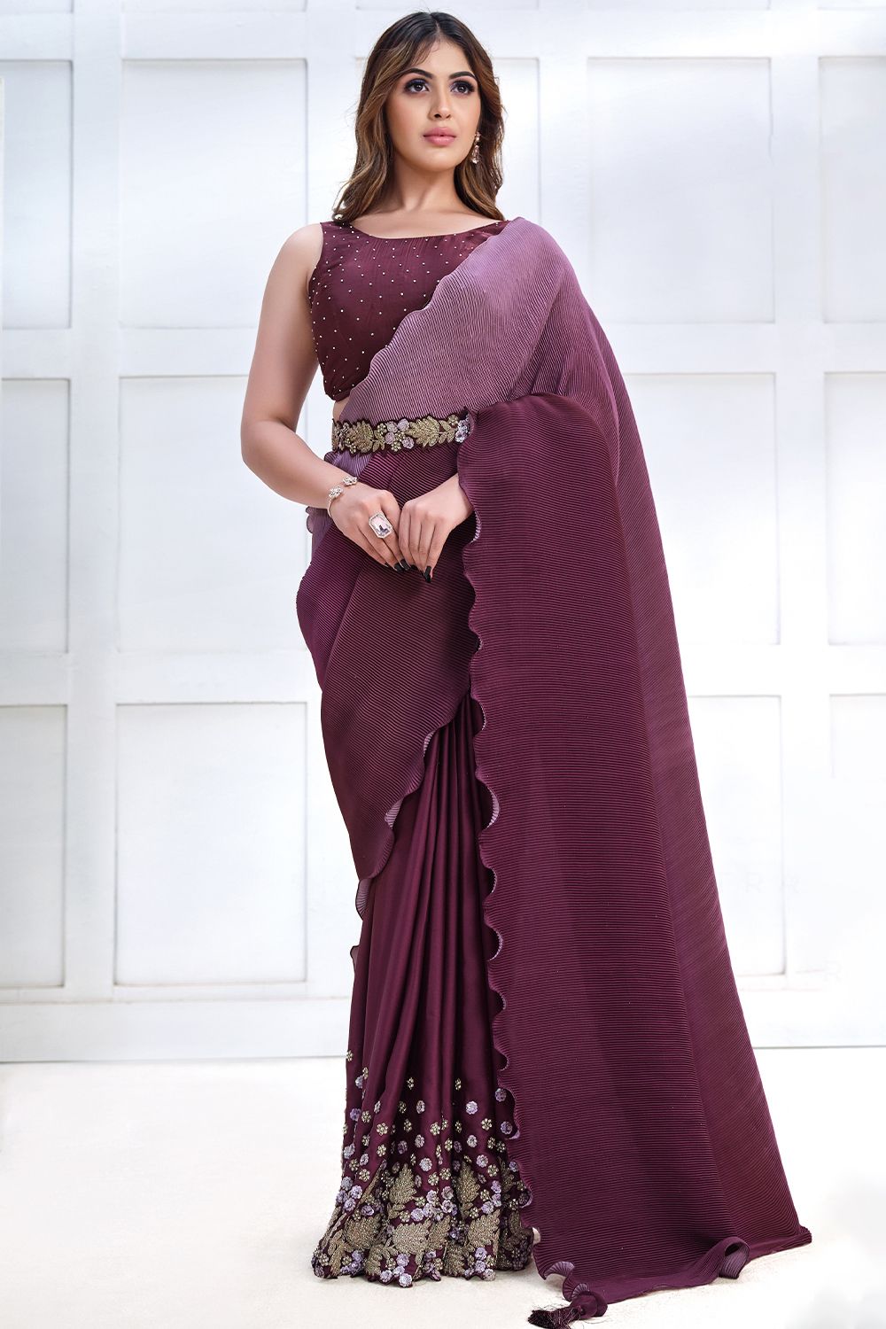 Fuchsia Embroidered Satin Saree