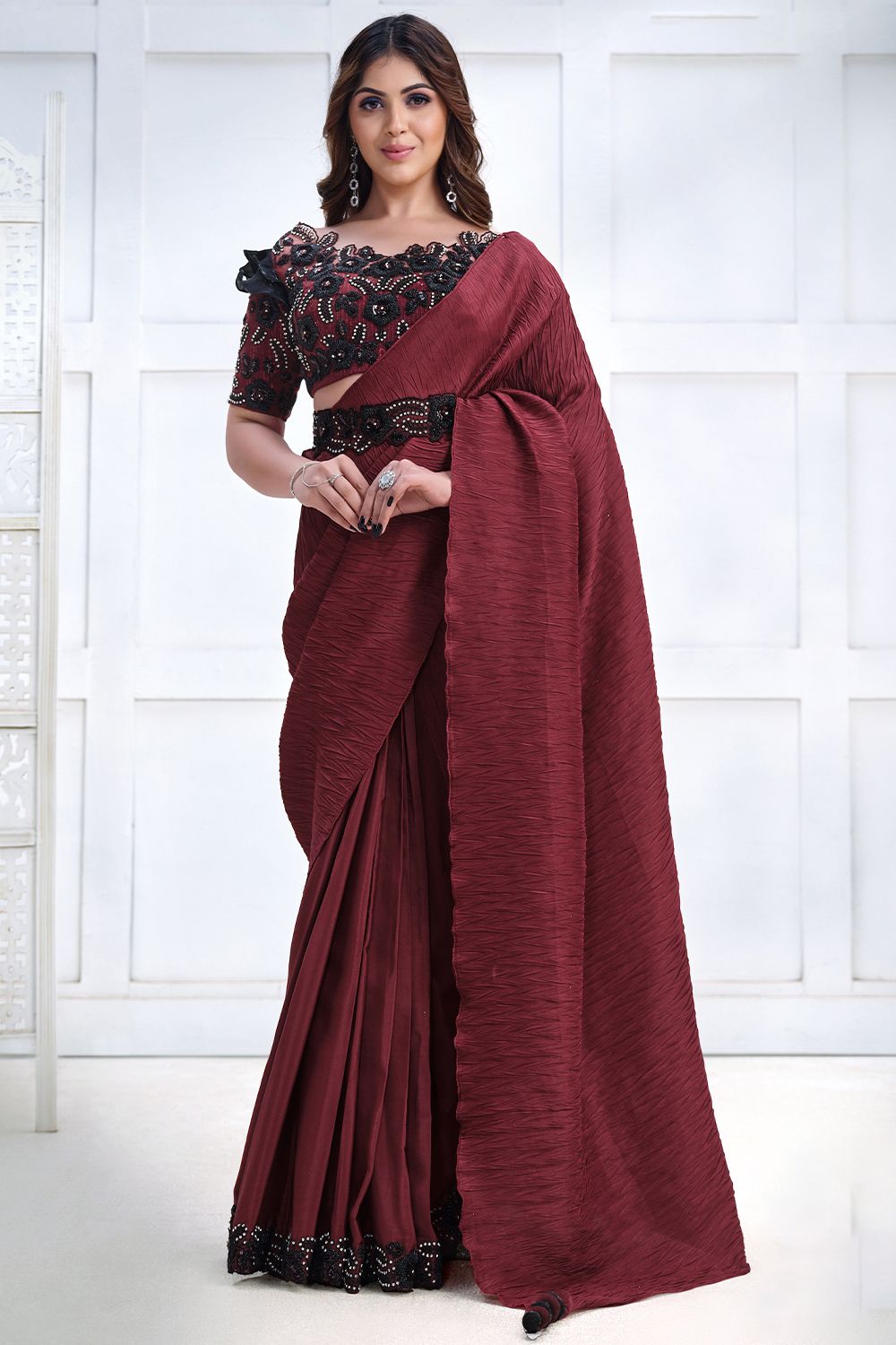 Maroon Embroidered Satin Saree