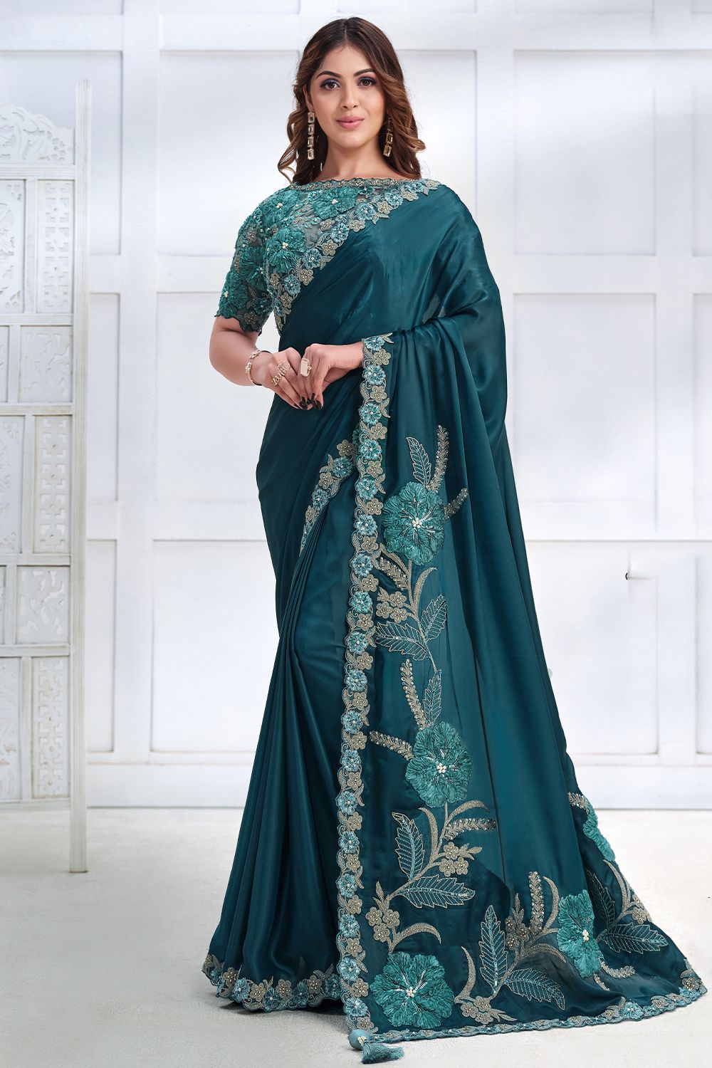 Teal Blue Sequence Embroidered Satin Silk Saree