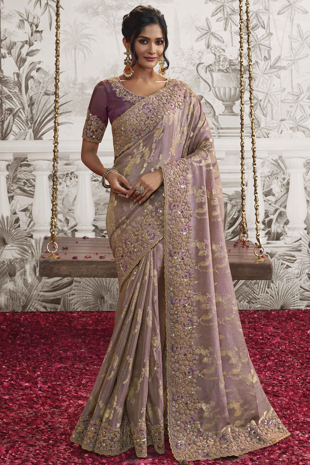 Dusty Purple Heavy Embroidered Satin With Saree Embellishment