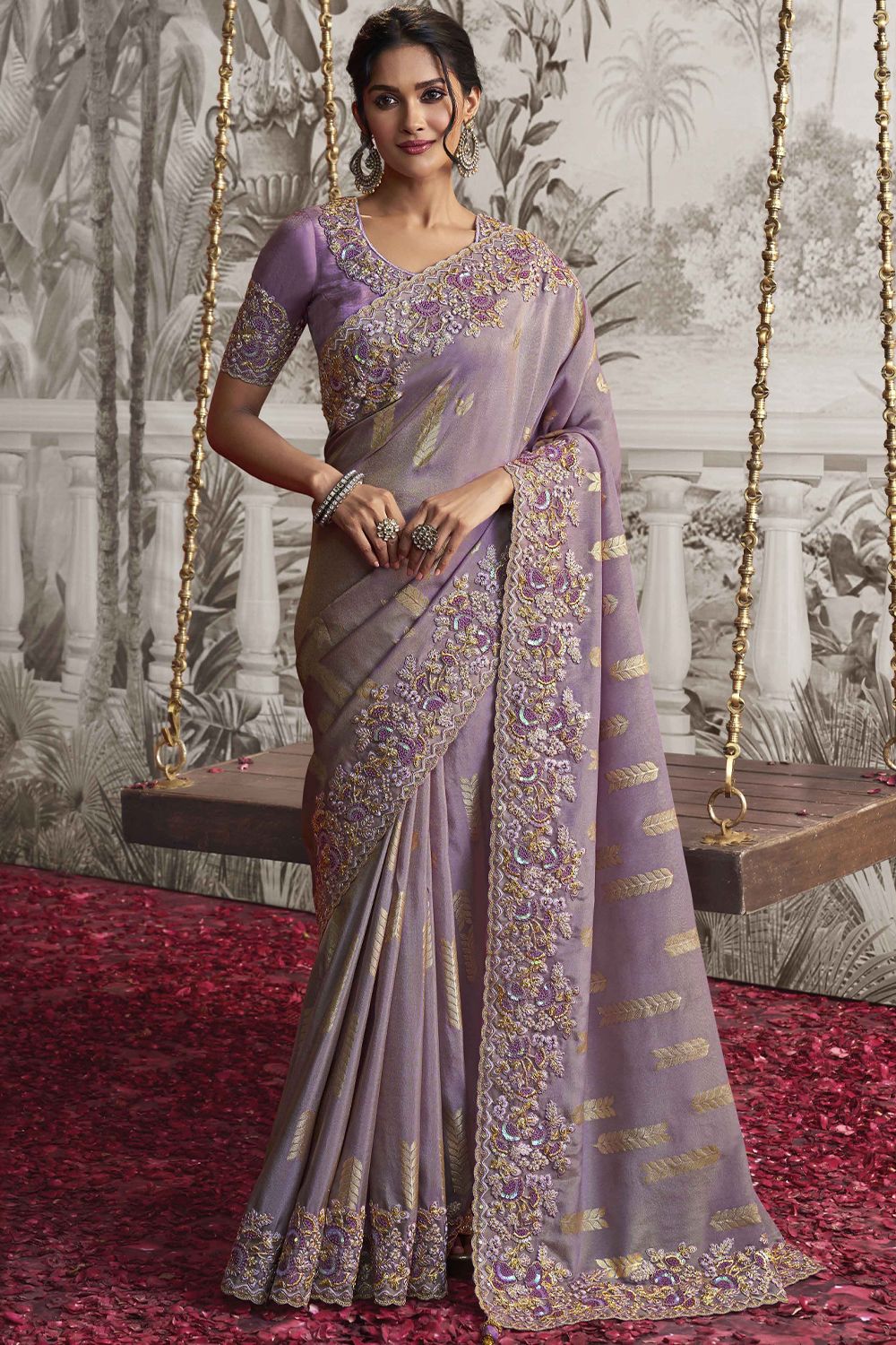 Light Purple Heavy Embroidered Satin Saree With Embellishment