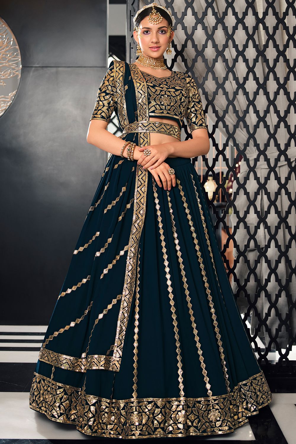 Navy Blue Sequins Embroidered Georgette Lehenga Choli