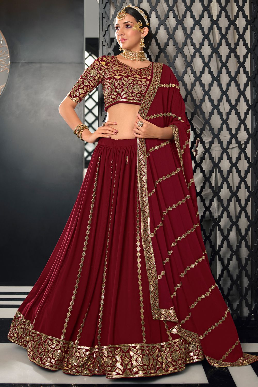 Red Sequins Embroidered Georgette Lehenga Choli