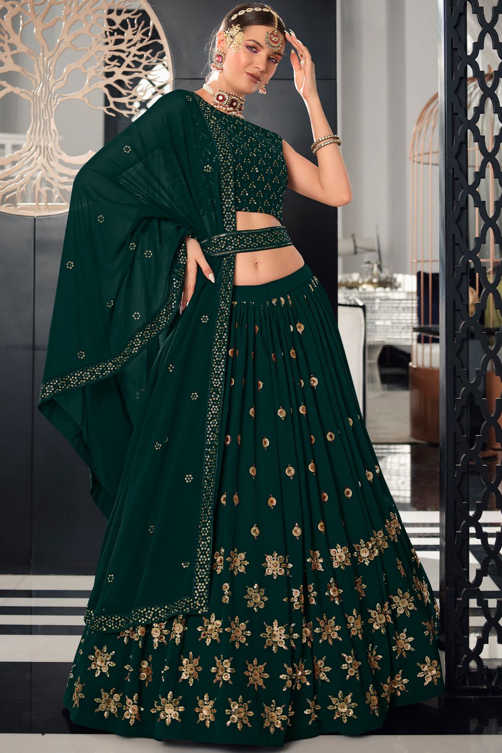 Dark Green Sequins Embroidered  Georgetta Lehenga Choli