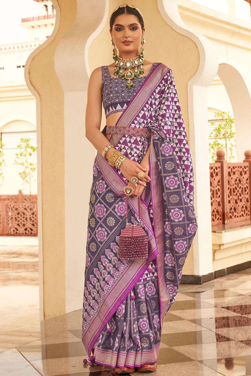 Purple Geometric Print Silk Saree 