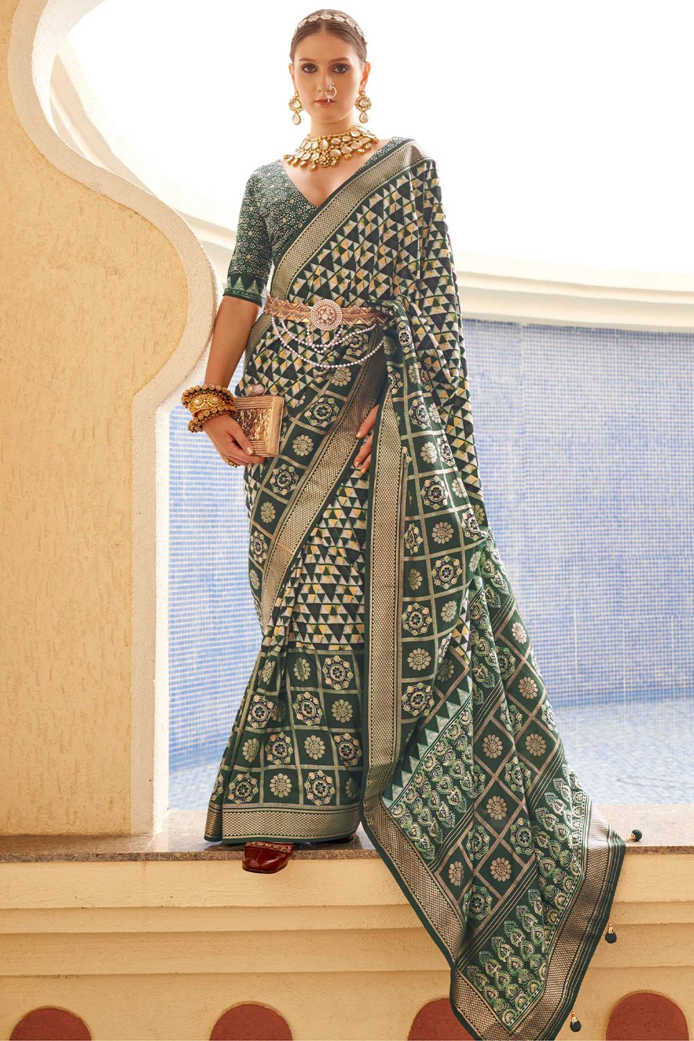 Dark Green Geometric Print Silk Saree 