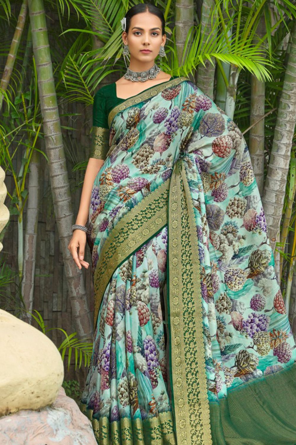 Mint Blue Printed Silk Saree With Green Border