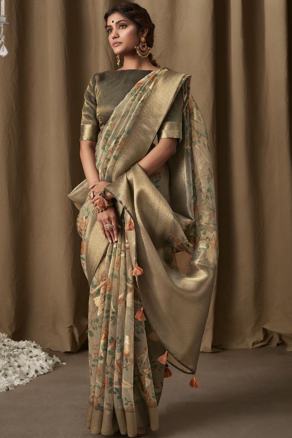 Olive Banarasi Tissue Jacquard Saree