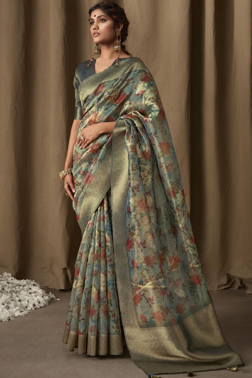 Teal Banarasi Tissue Jacquard Saree