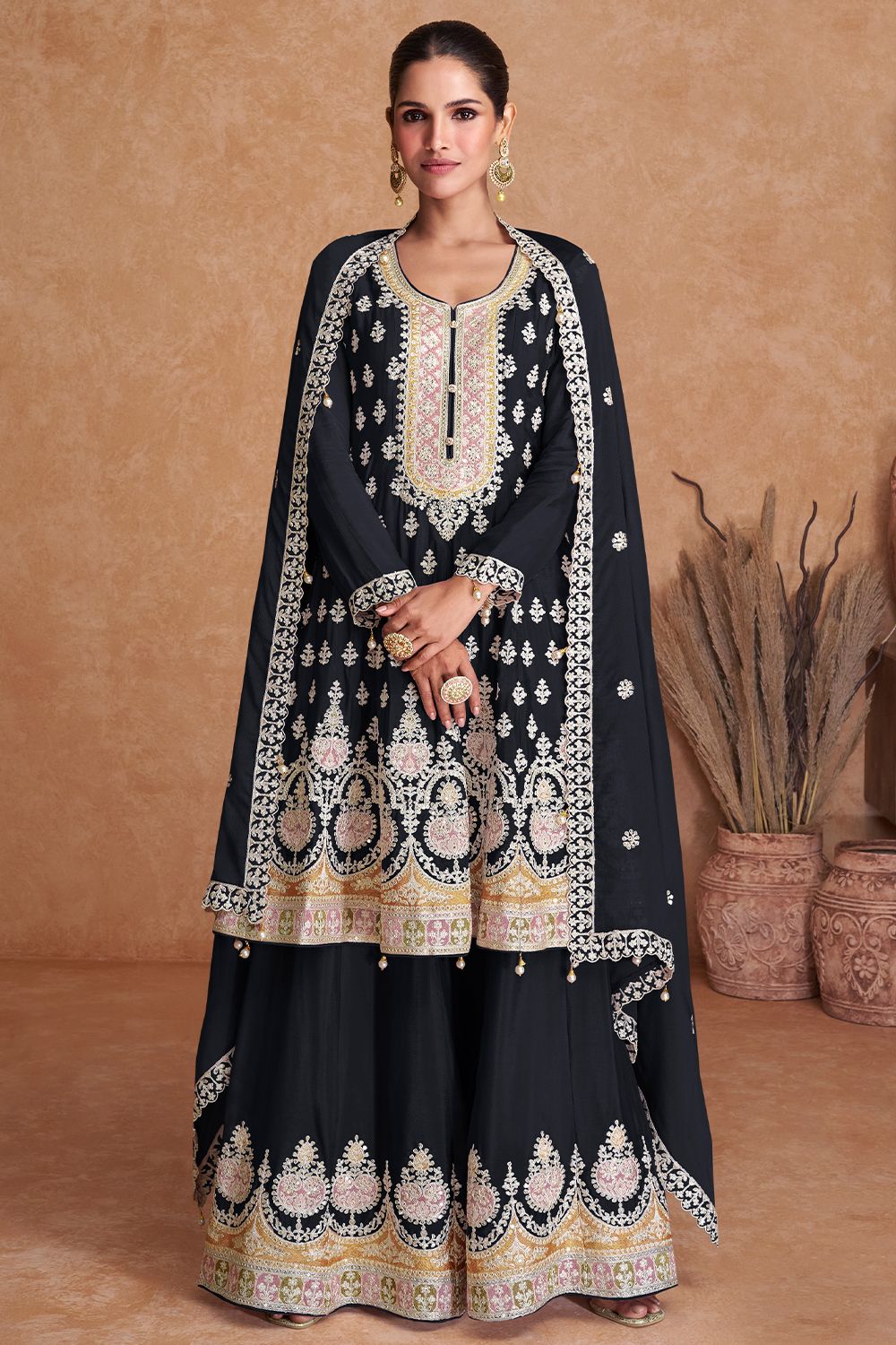 Black Chinon Sharara Suit