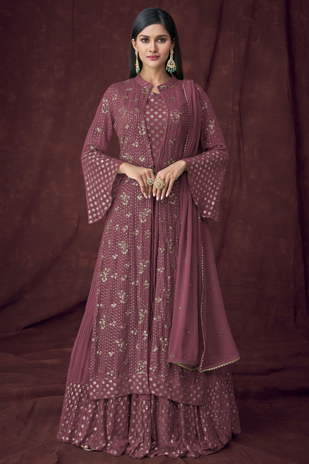 Fuchsia Georgette Embroidered Sharara Suit