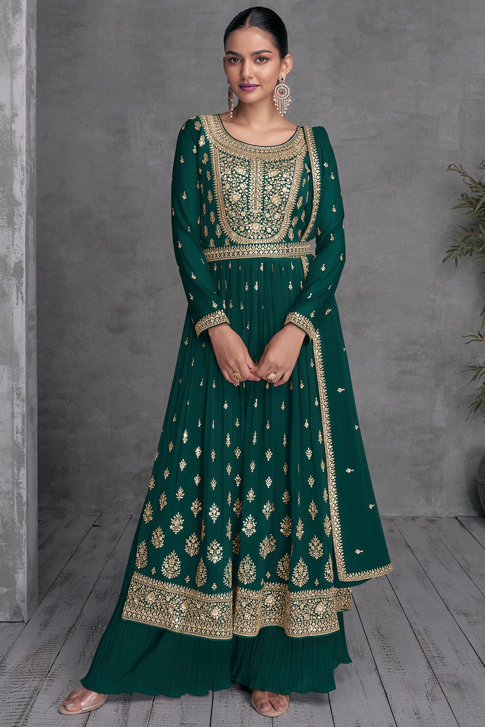 Green Georgette Sharara Suit With Embroidered and Belt