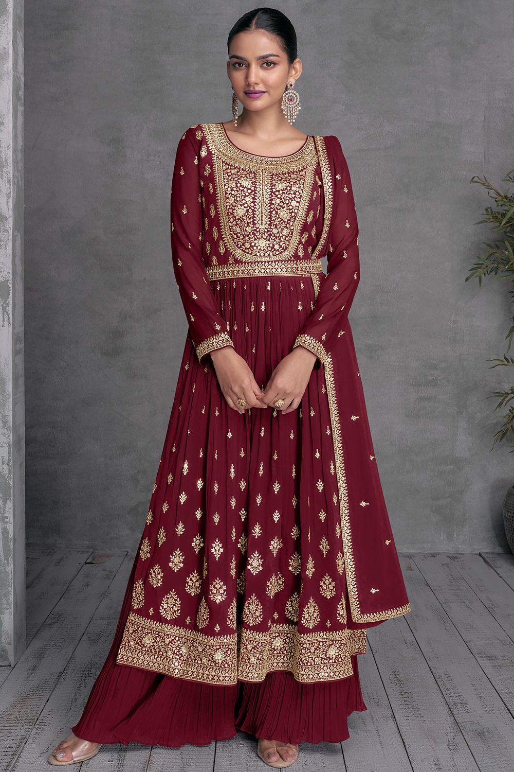 Red Georgette Sharara Suit With Embroidered and Belt