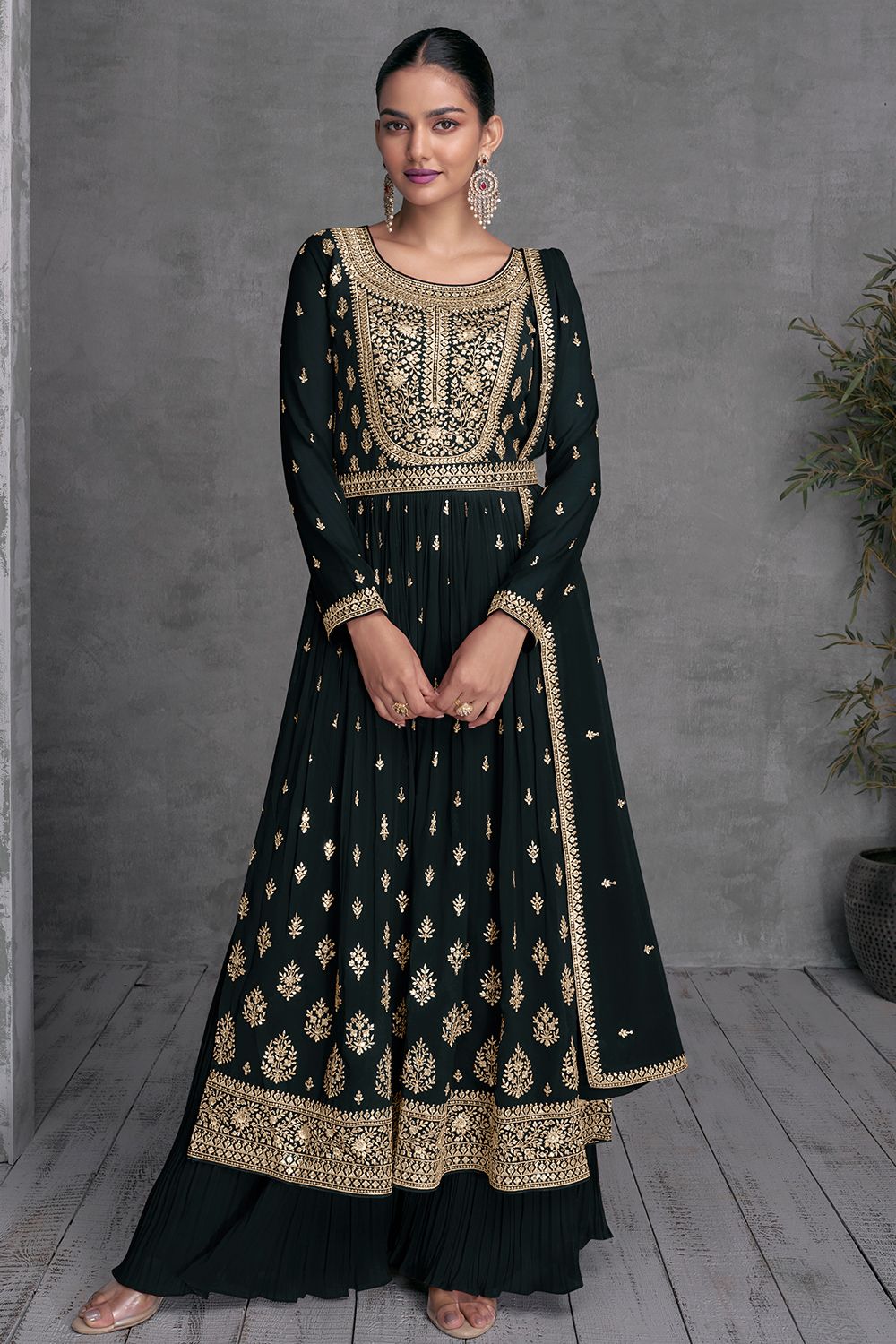 Black Georgette Sharara Suit With Embroidered and Belt