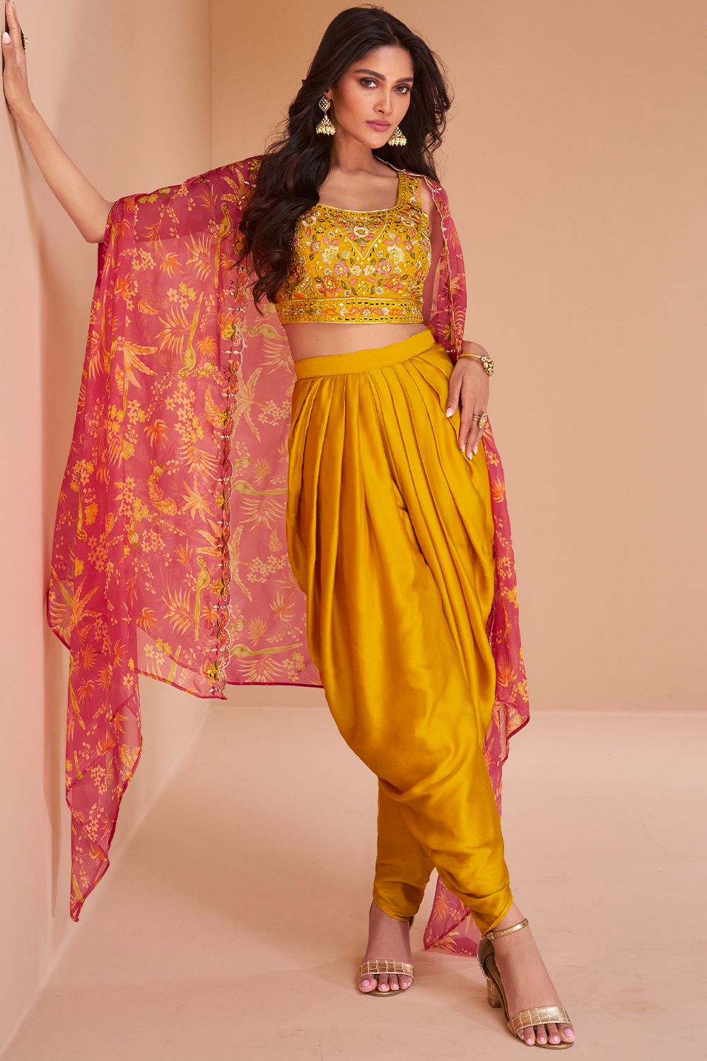 Mustard Yellow Indowestern Suit Set in Satin Silk With Print And Embroidery