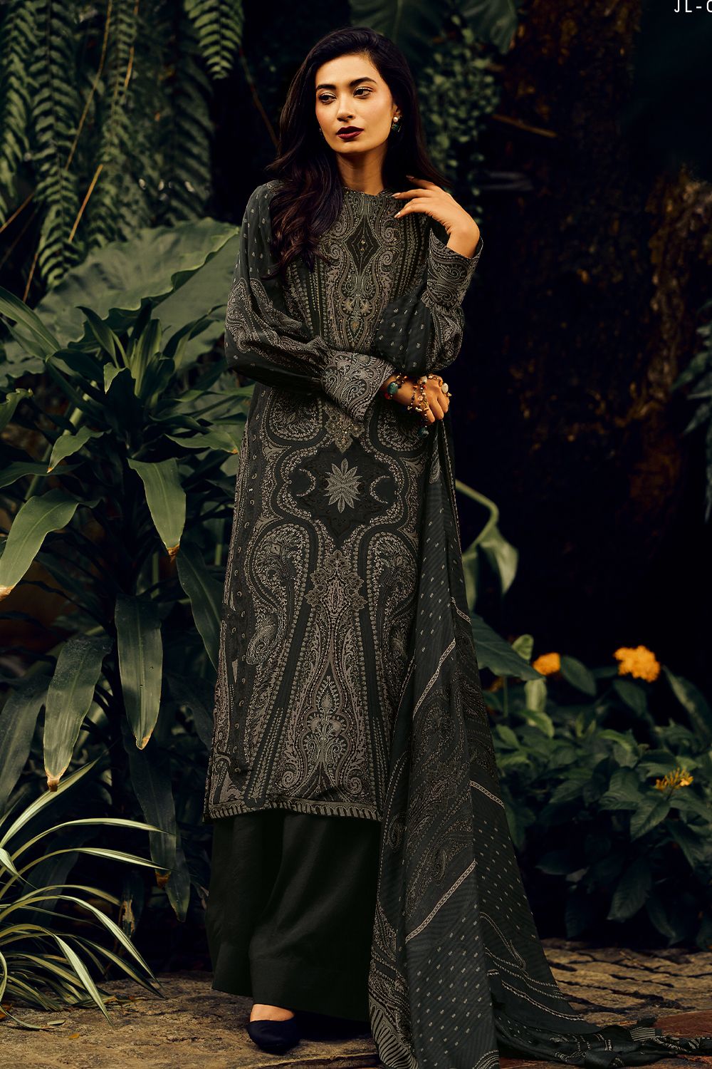 Charcoal Grey Muslin Silk  Digital Printed Salwar Kameez Set 