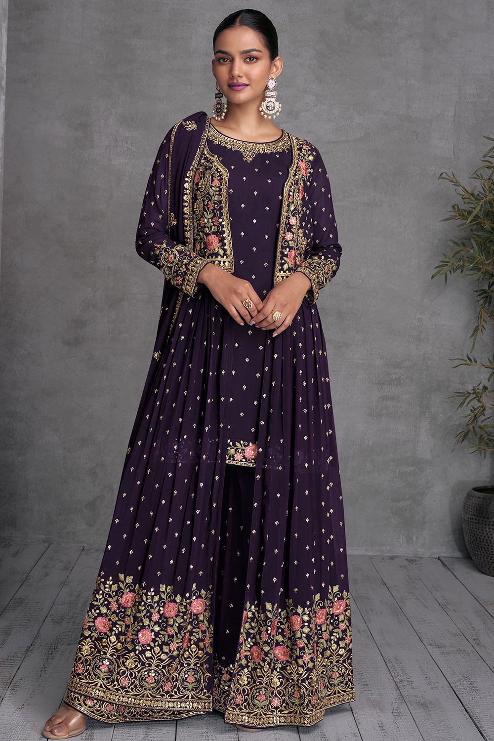 Dark Purple Georgette Sharara Suit in Jacket Style