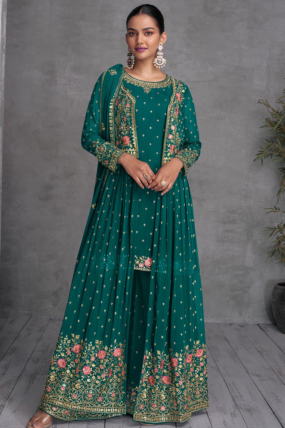 Green Georgette Sharara Suit in Jacket Style