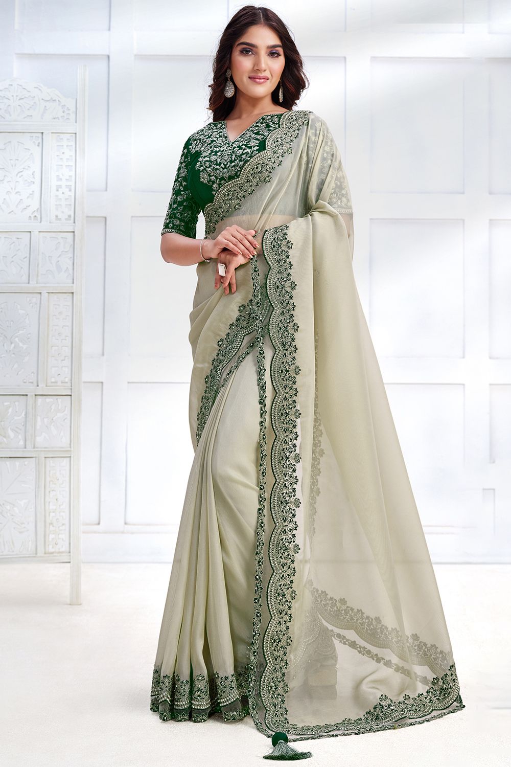 Off White Embroidered Satin Saree
