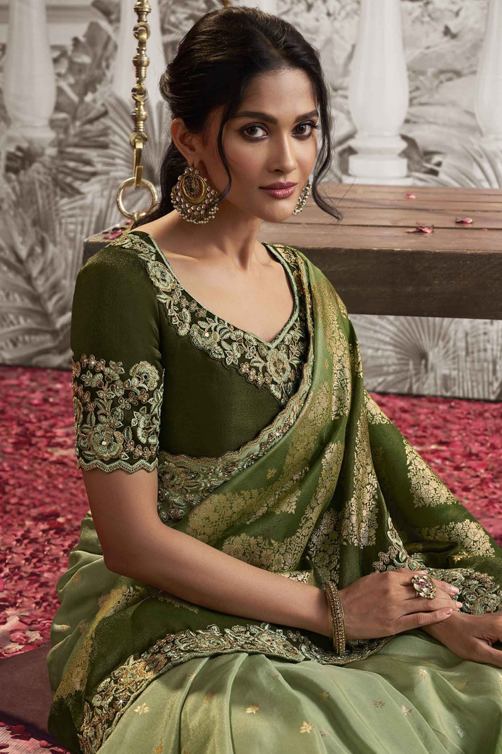 Sage Green Heavy Embroidered Satin Saree With Embellishment