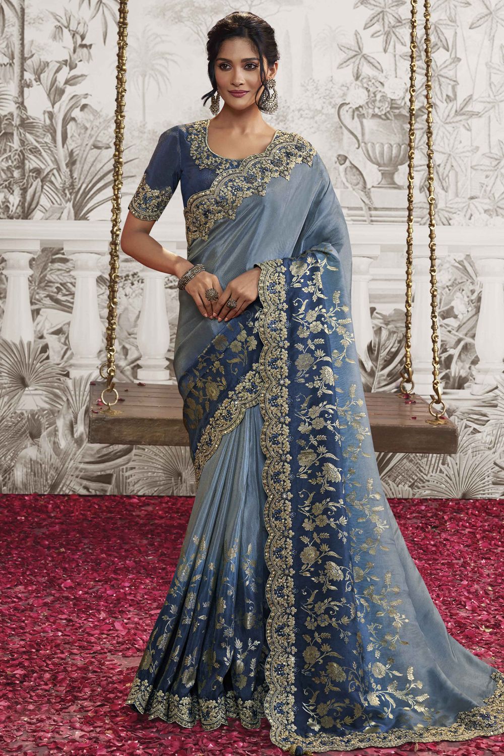 Blue Heavy Embroidered Satin With Saree Embelishment