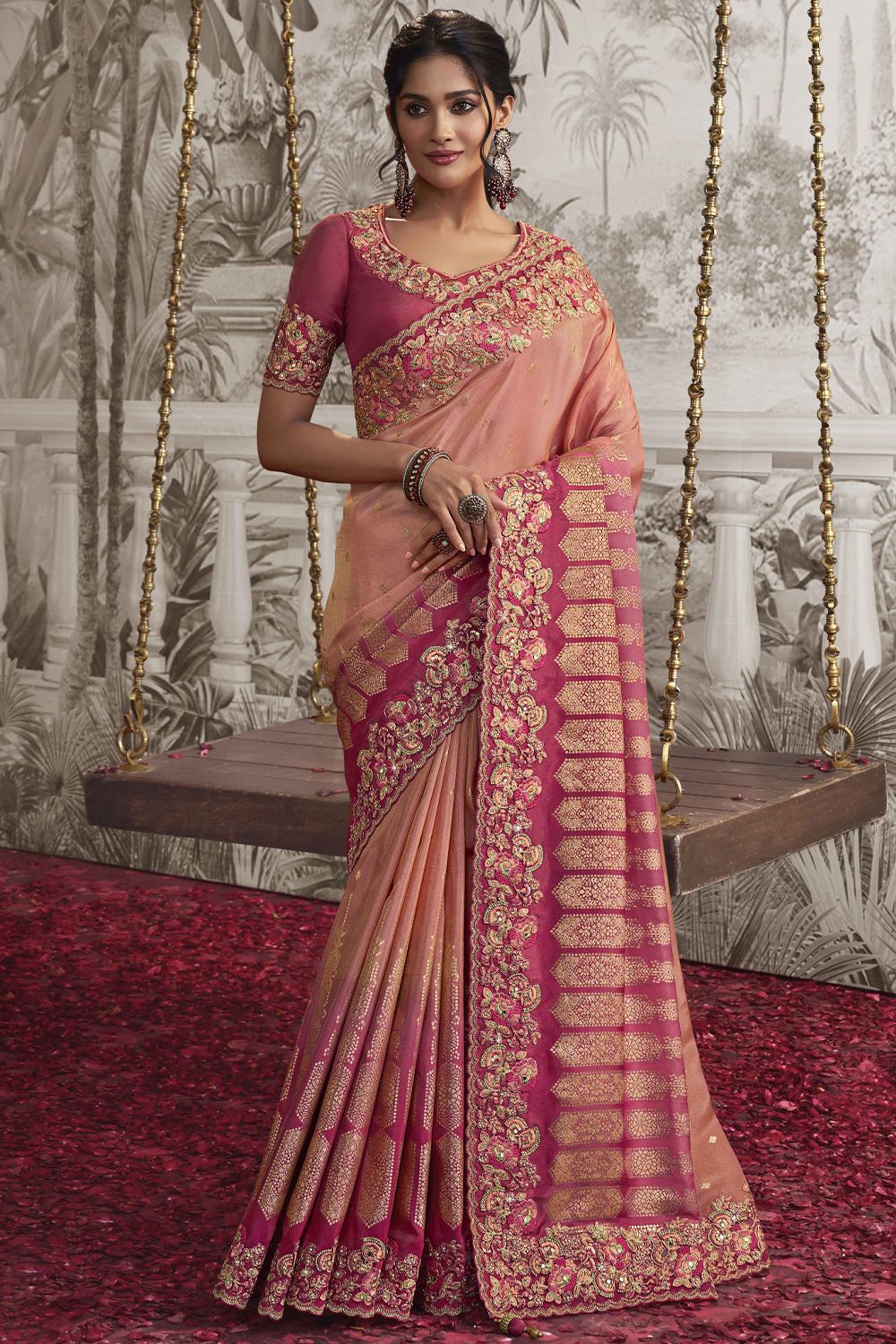 Coral Pink Heavy Embroidered Satin Saree With Embelishment