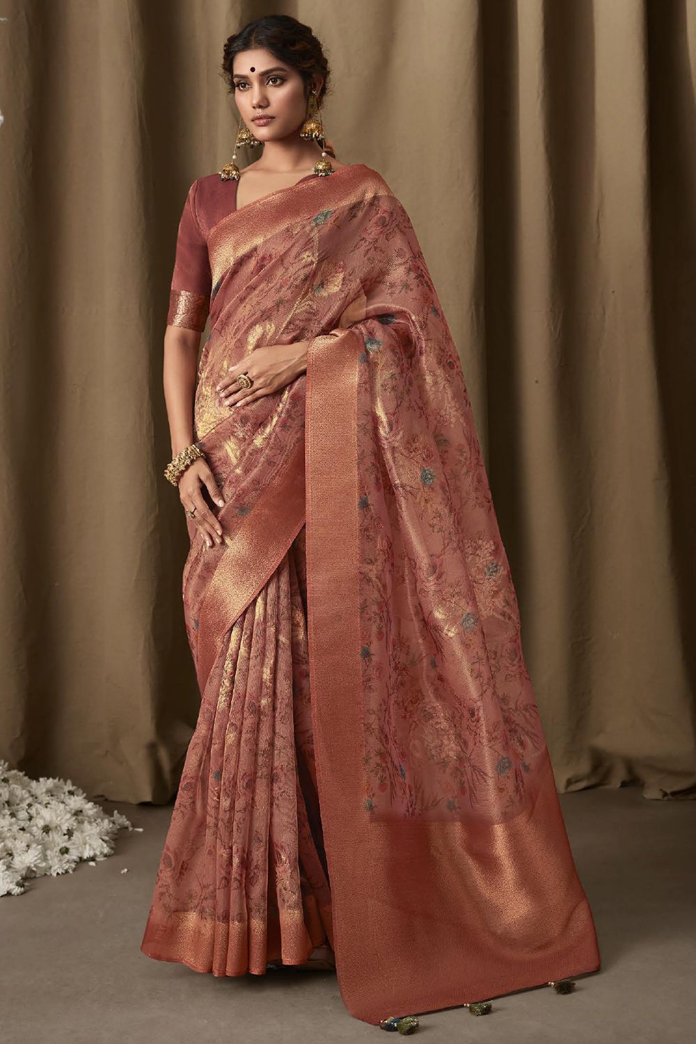 Salmon Pink Banarasi Tissue Jacquard Saree