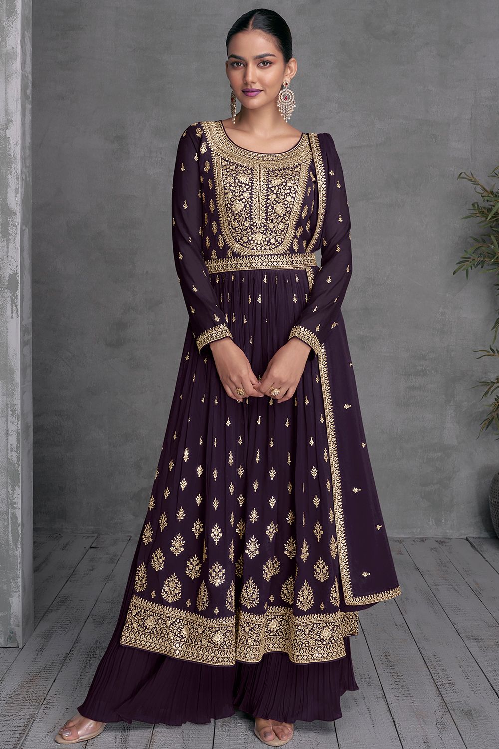 Purple Georgette Sharara Suit With Embroidered and Belt