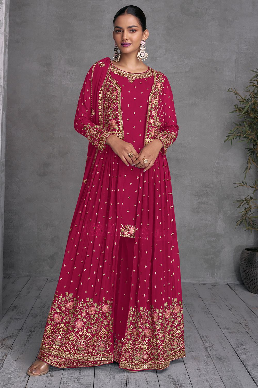 Pink Georgette Sharara Suit in Jacket Style