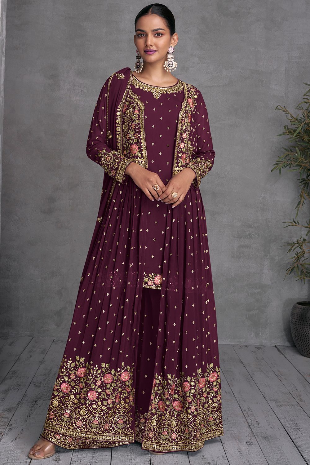 Dark Magenta Georgette Sharara Suit in Jacket Style