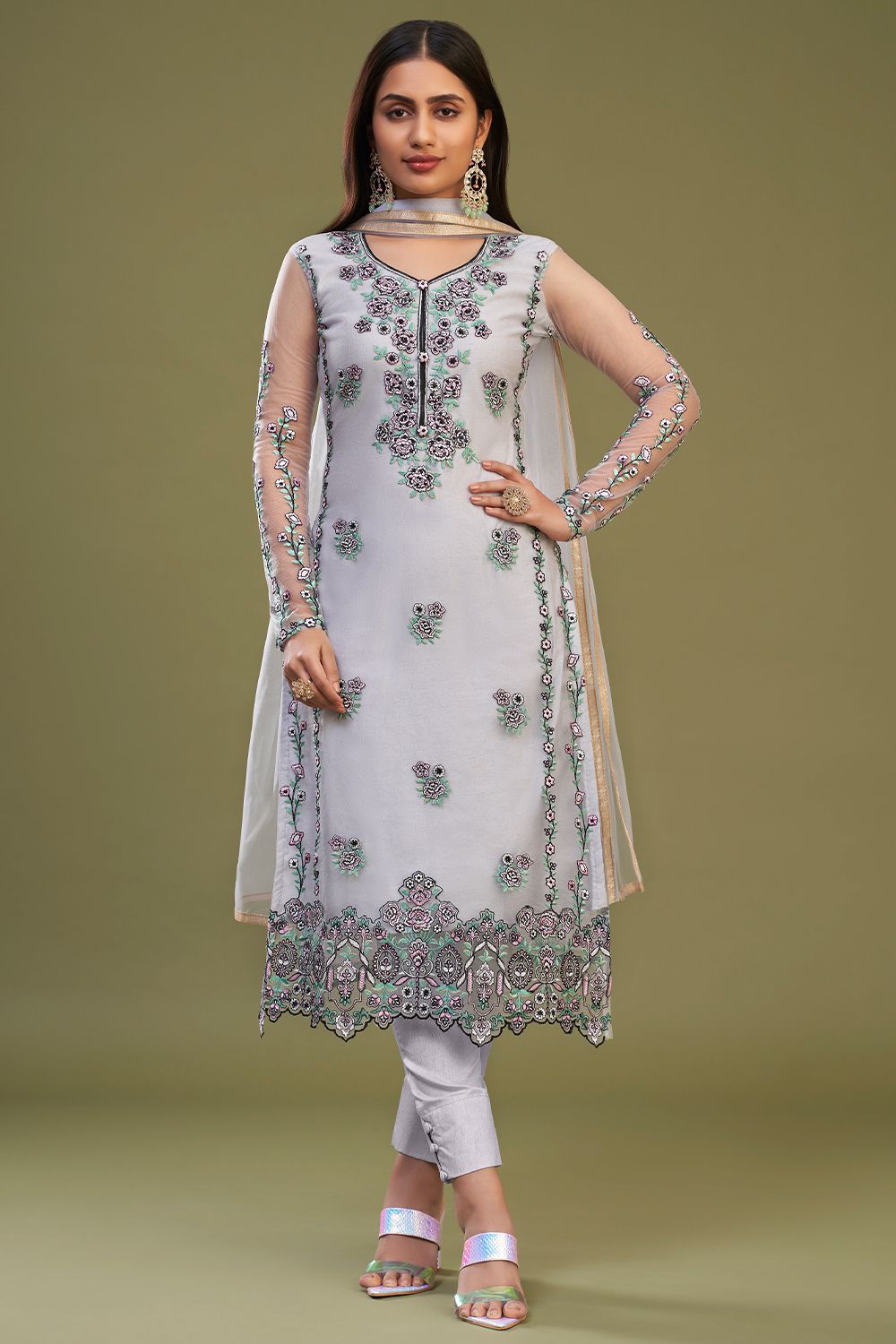 Pastel Lilac Kurti Pant Set in Banglori Silk With Floral Embroidery