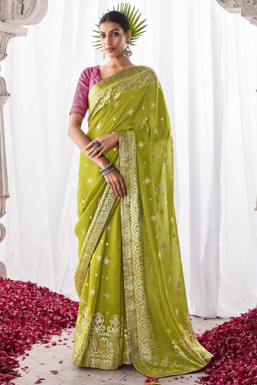 Parrot Green Silk Minakari Saree 