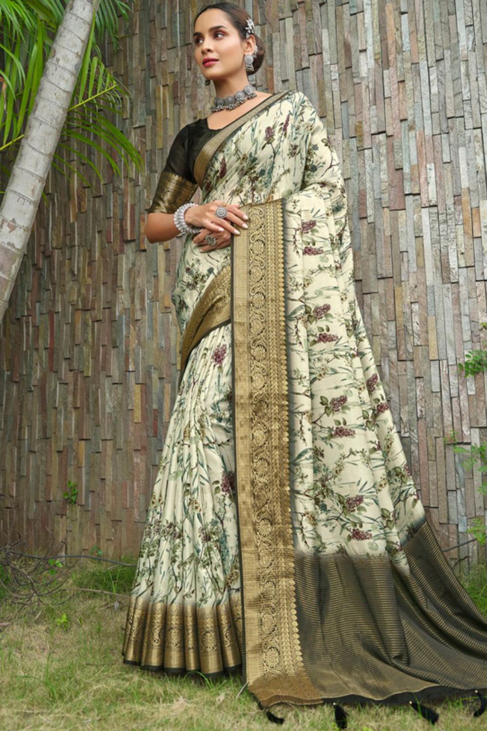 Light Beige Printed Silk Saree With Broad Border