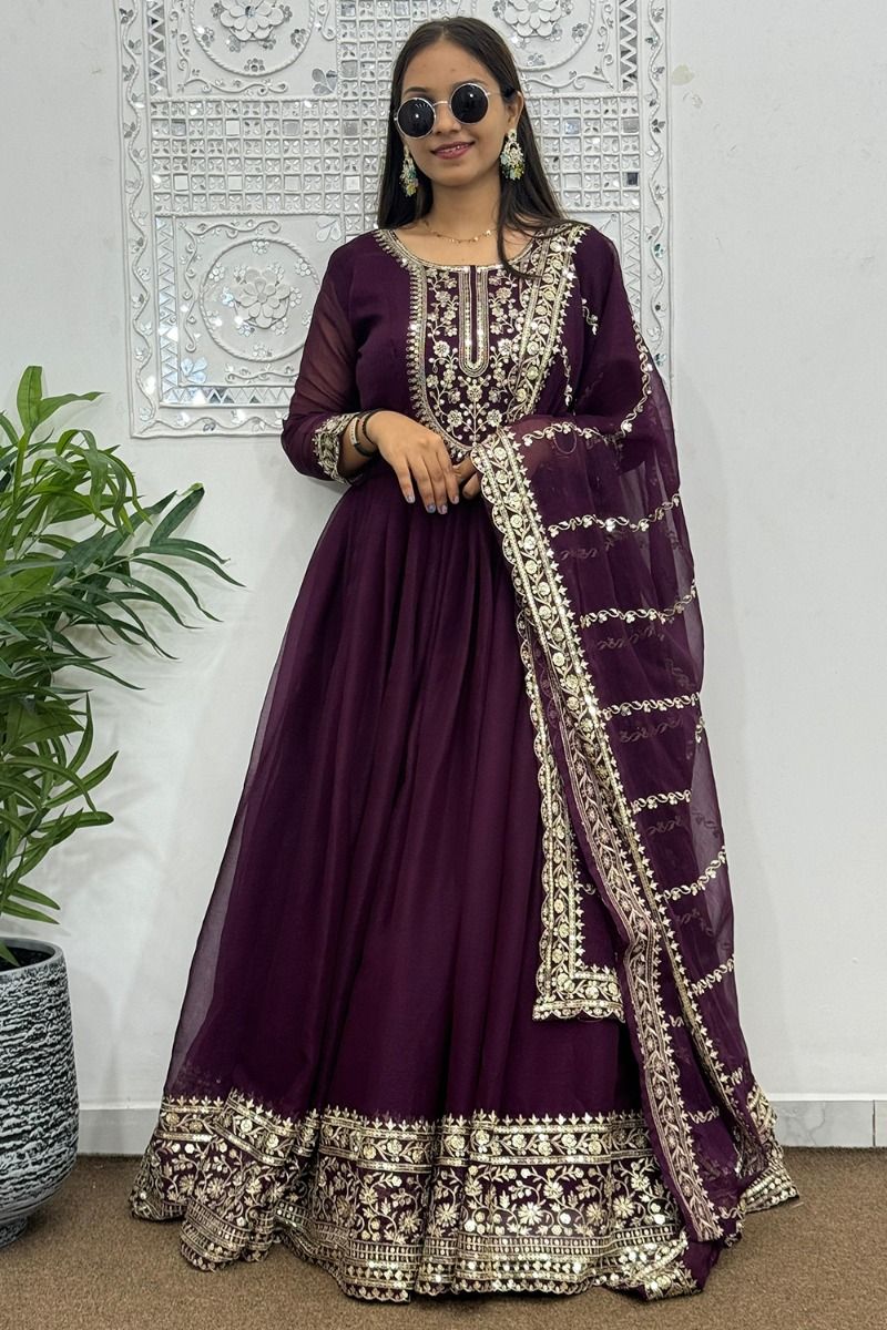 Wine Organza Embroidered Anarkali Suit
