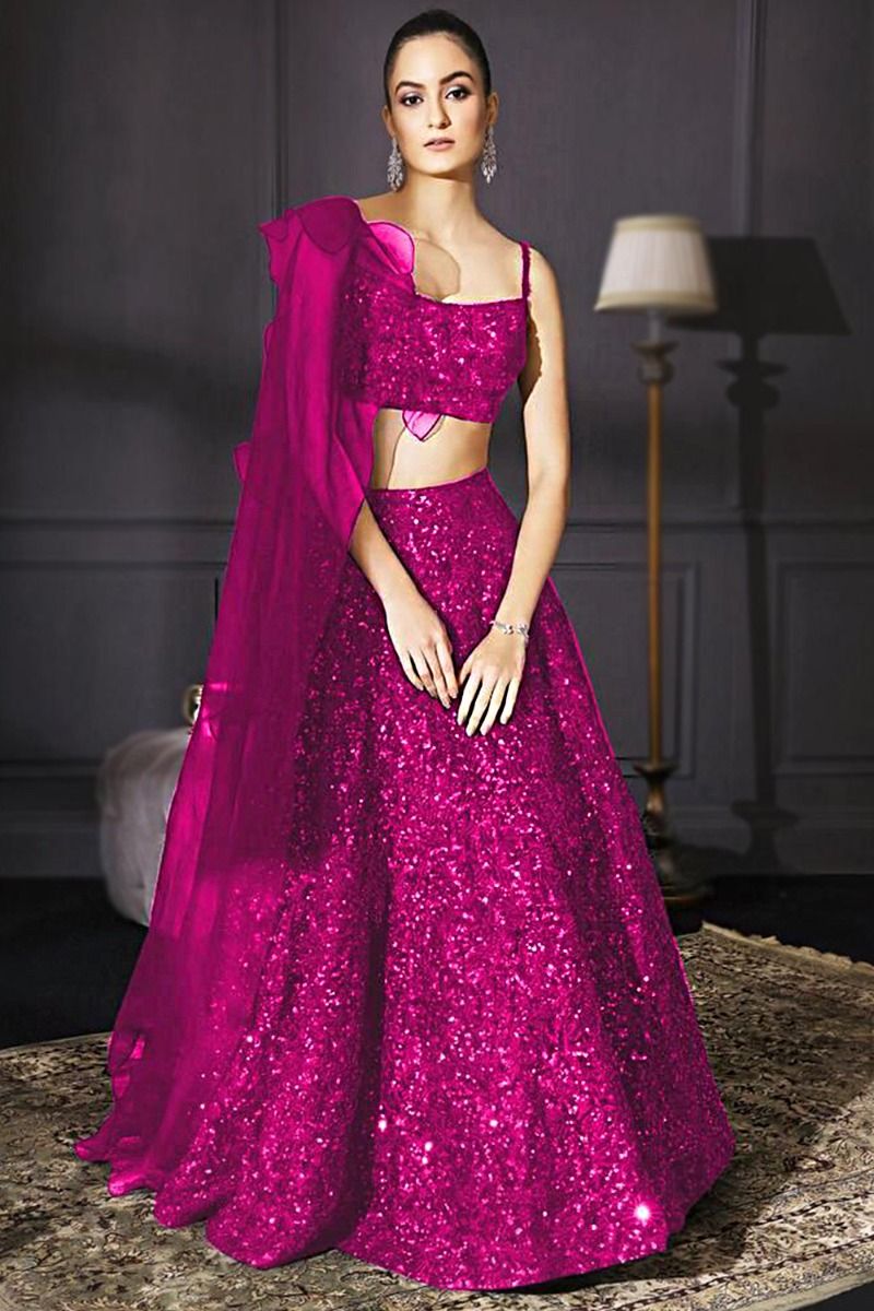 Magenta Pink Sequins Velvet Lehenga With Ruffle Dupatta