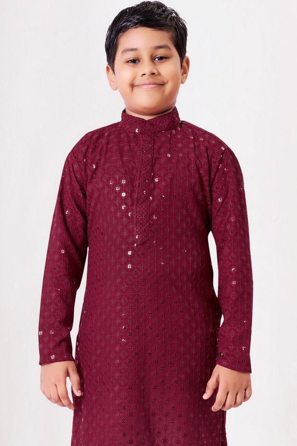Maroon Embroidered Kids Cotton Kurta