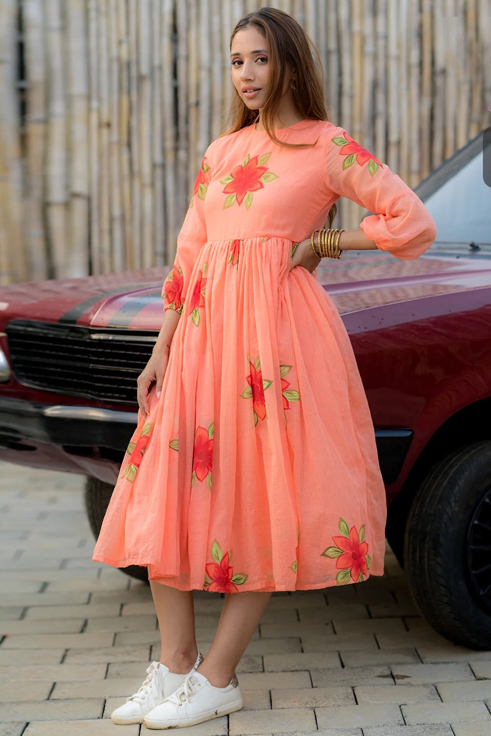 Orange Printed  Cotton Dress