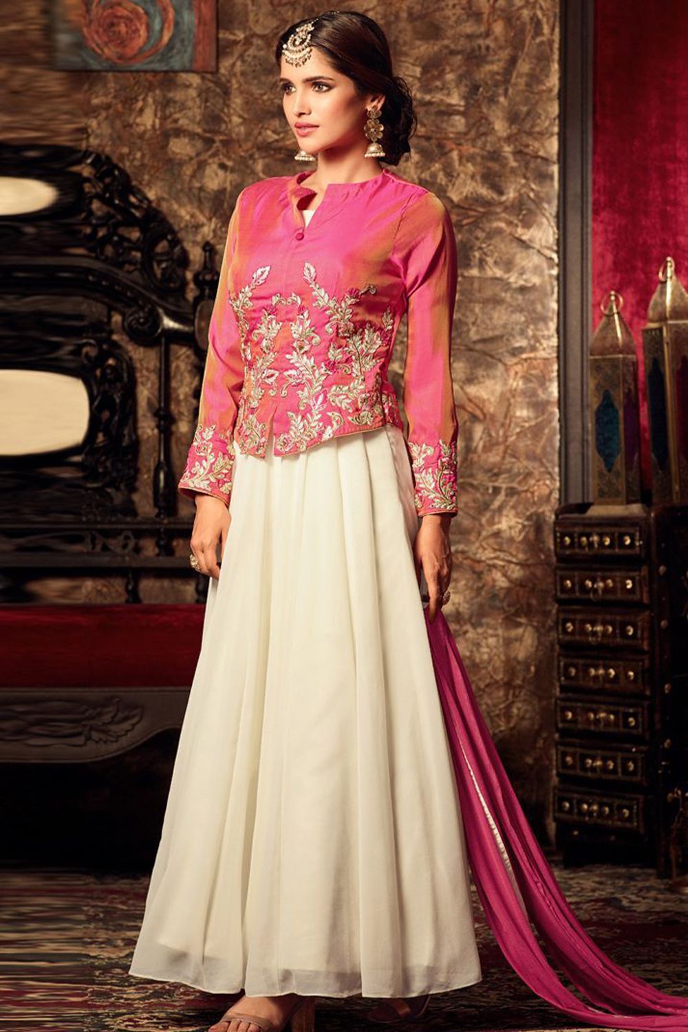 Cream Georgette Semi Stitched Party Gown