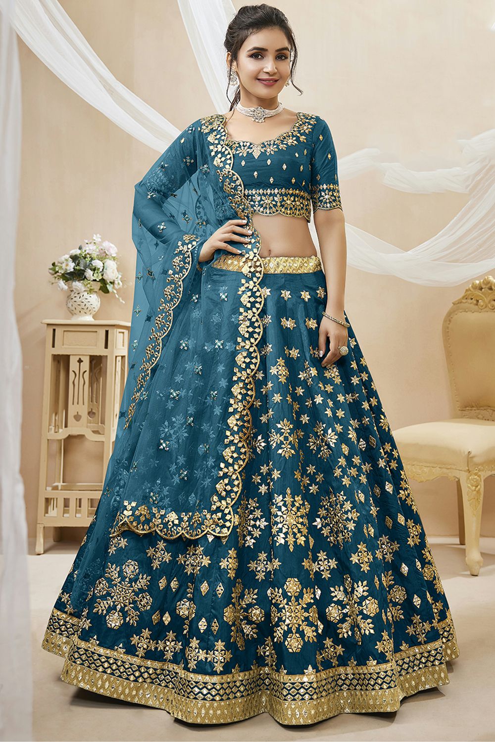 Teal Blue Embroidered Art Silk Lehenga