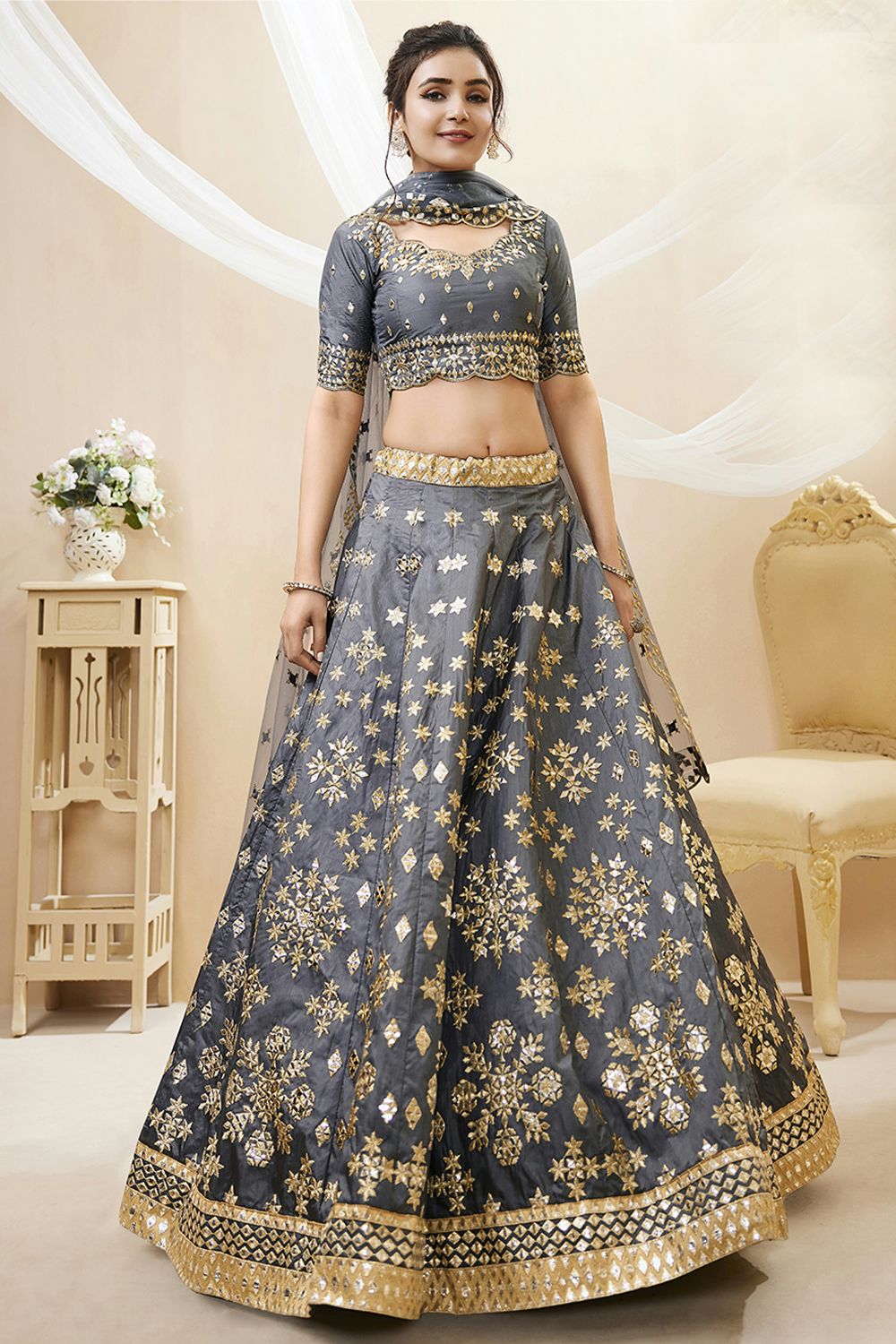 Grey Embroidered Art Silk Lehenga