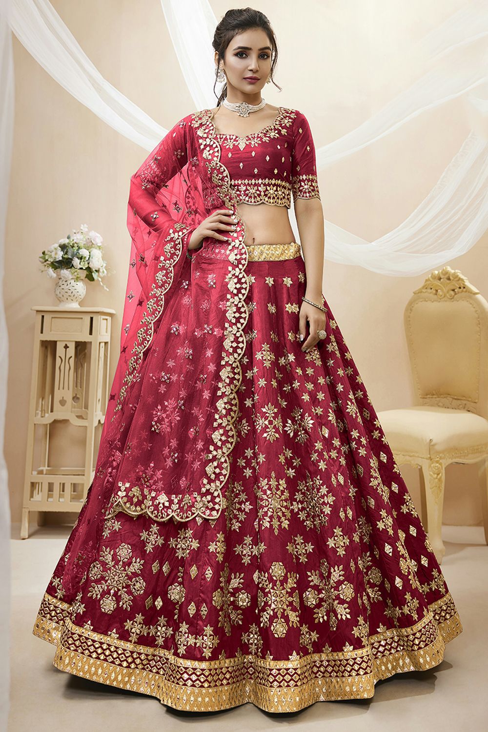 Red Embroidered Art Silk Lehenga