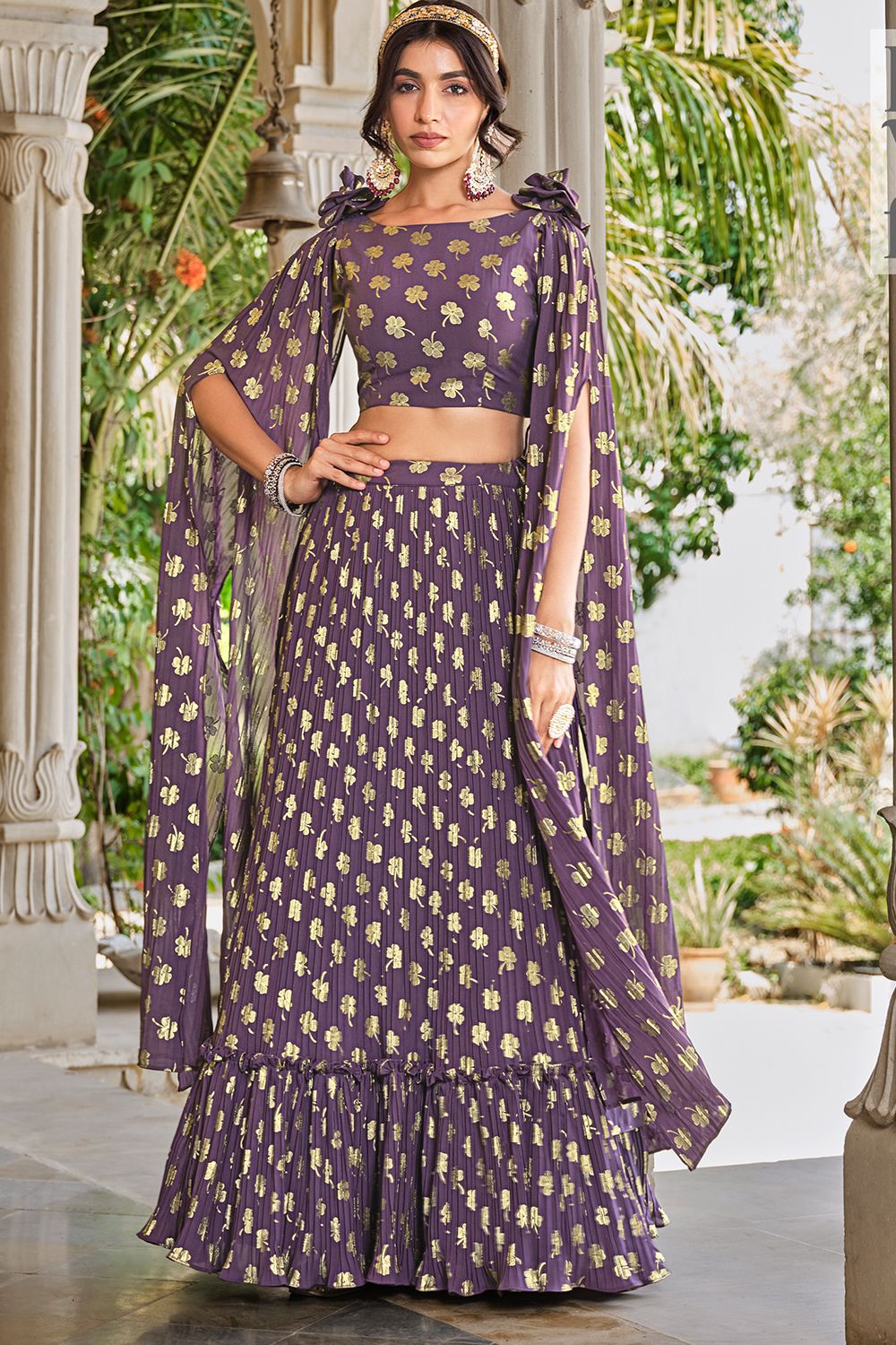Purple Printed Georgette Lehenga Set With Shoulder Dupatta