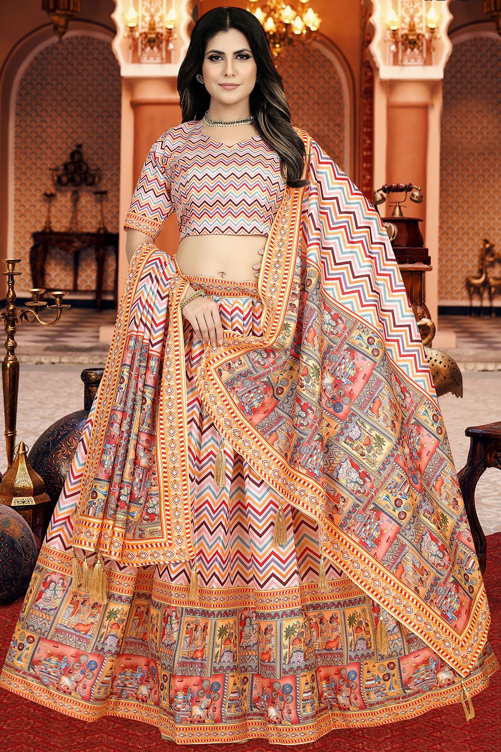 Orange Dola Silk Printed Lehenga Set