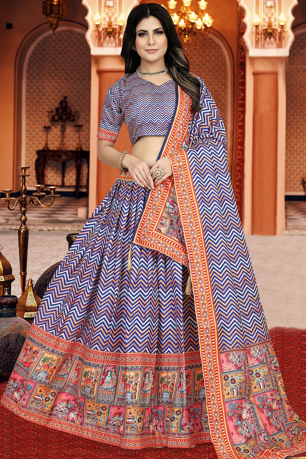Blue Dola Silk Printed Lehenga Set